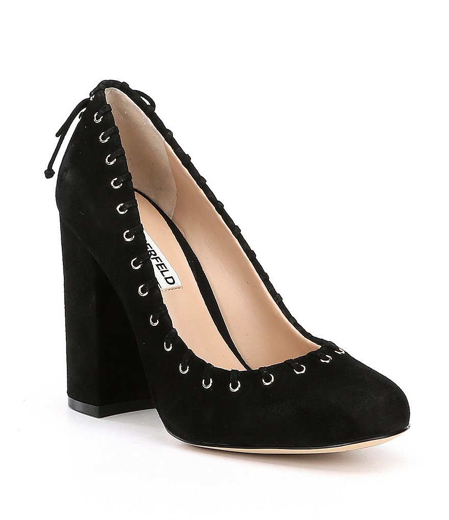 KARL LAGERFELD PARIS Suger Suede Whipstitch and Stud Block Heel Dress Pumps