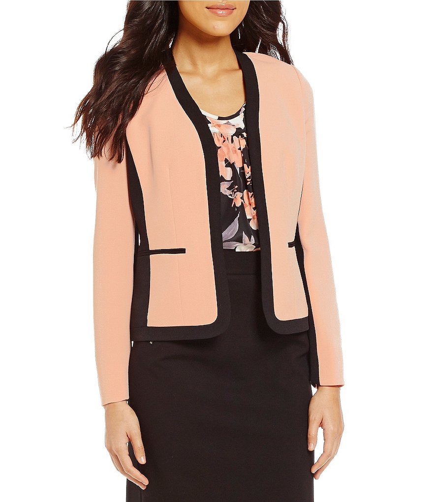 Kasper Open Front Crepe Contrast-Panel Square Hem Jacket