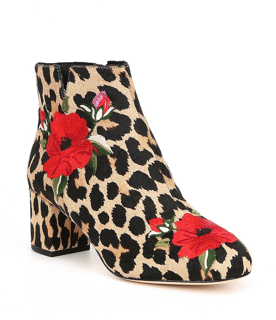 kate spade new york Langton Floral Embroidered Leopard Print Calf Hair Block Heel Booties