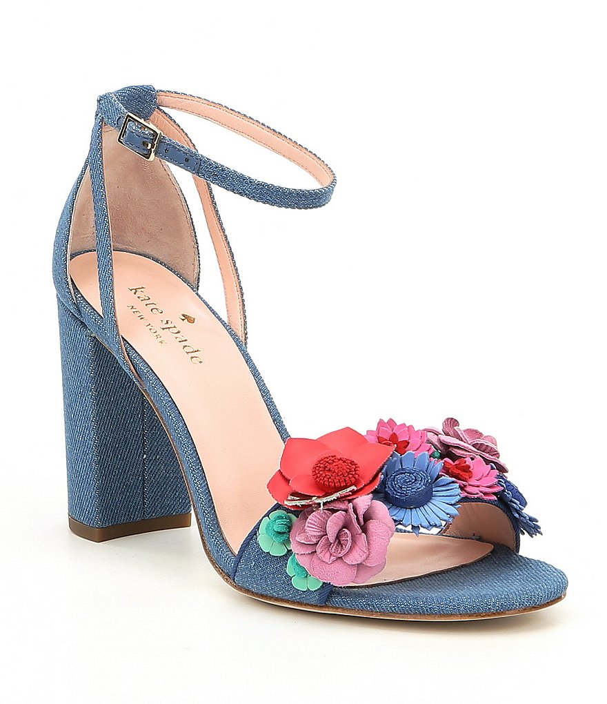 kate spade new york Obelie Denim Floral Detail Ankle Strap Block Heel Dress Sandals