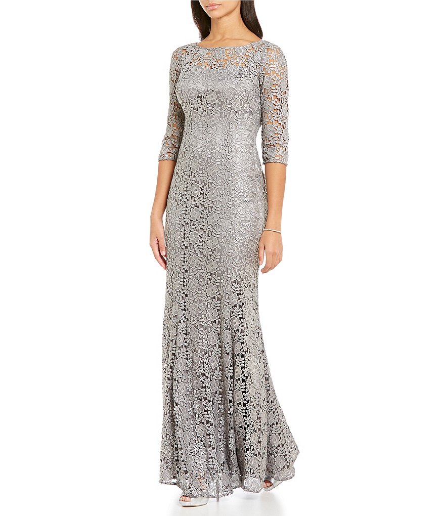 Kay Unger 3/4 Sleeve Metallic Foiled Lace Mermaid Gown