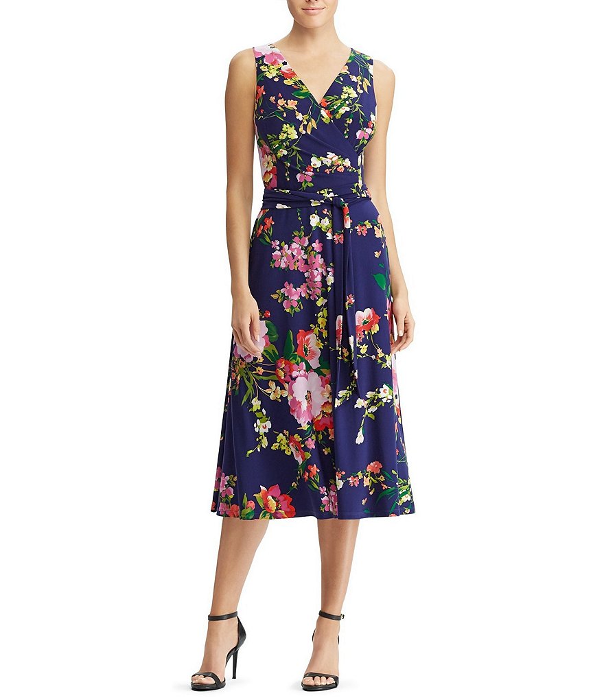 Lauren Ralph Lauren Floral Print Jersey Tie Waist Midi Dress