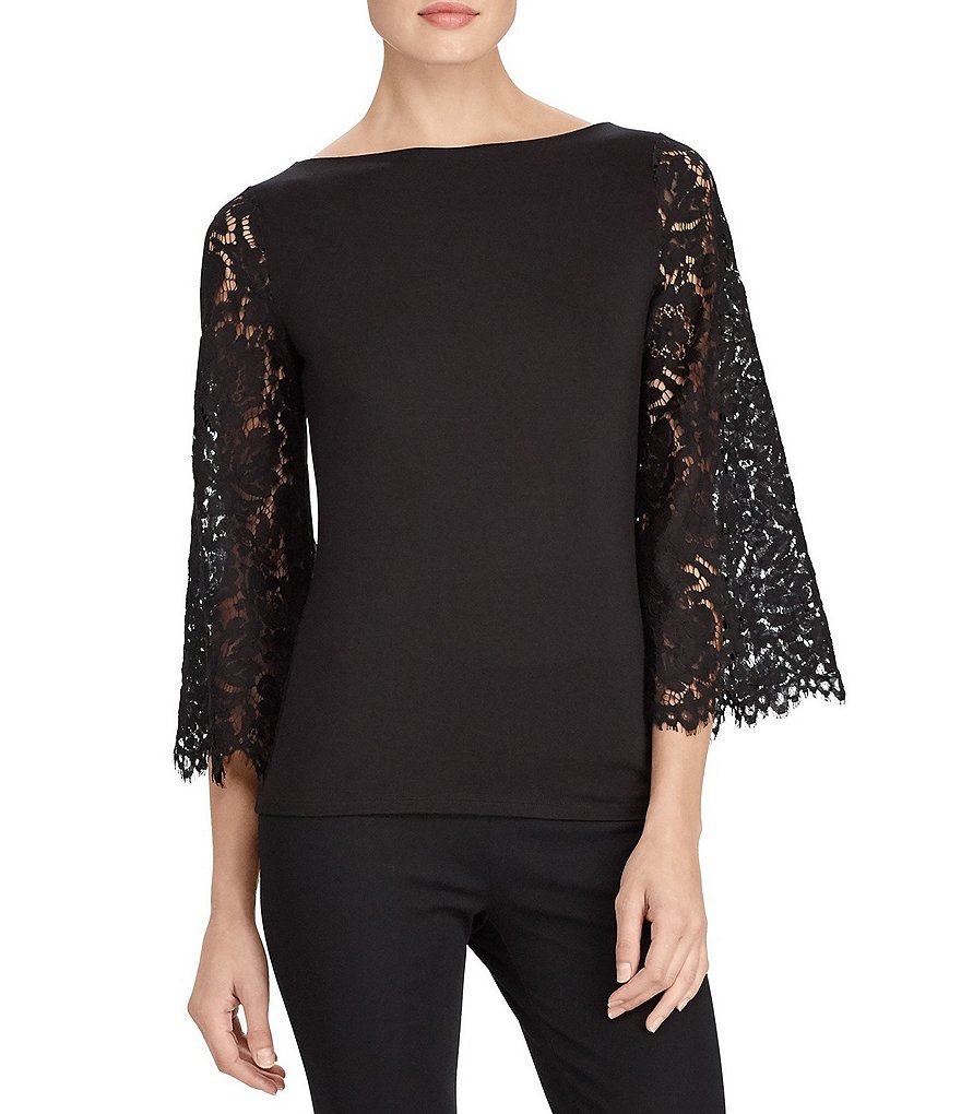 Lauren Ralph Lauren Petite Jersey-Lace Bell-Sleeve Top