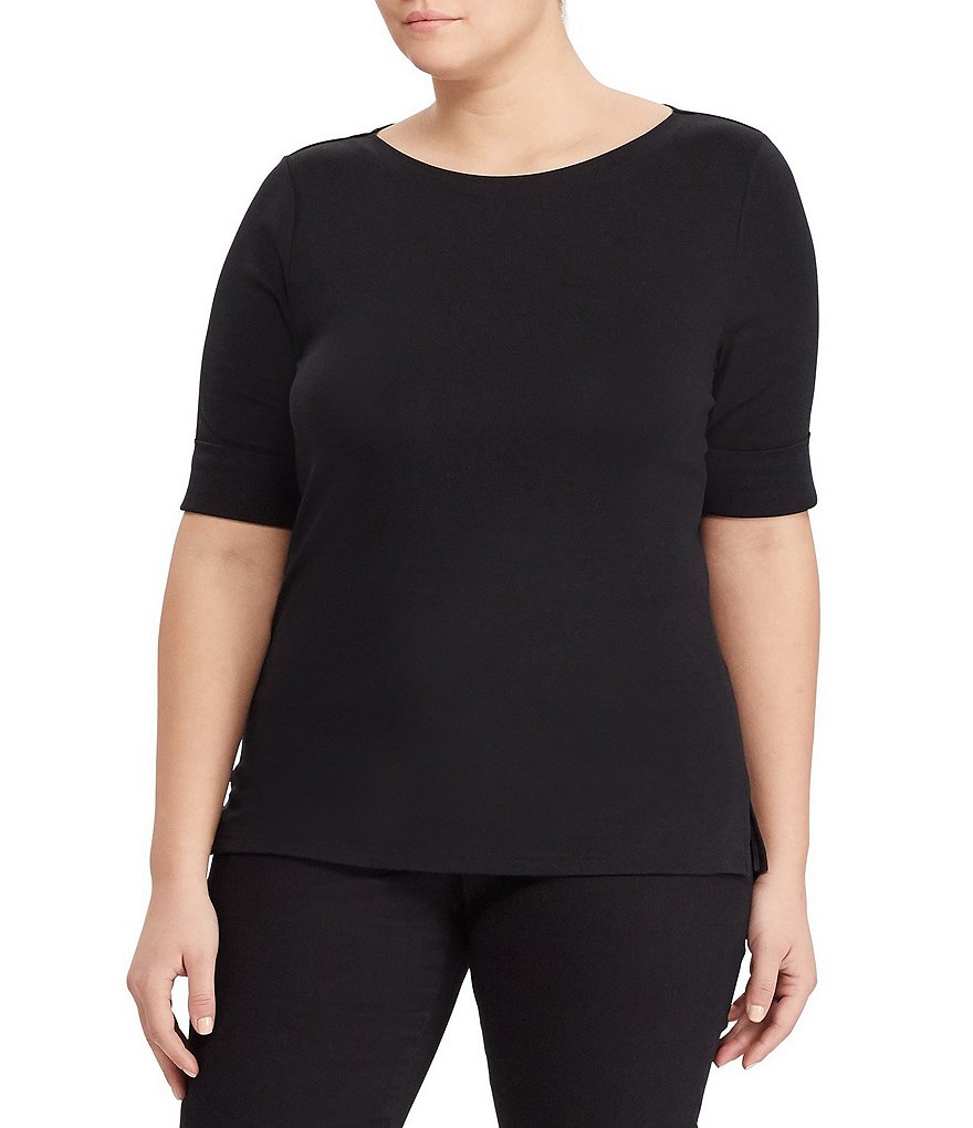 Lauren Ralph Lauren Plus Boatneck Elbow Sleeve Stretch Cotton Tee