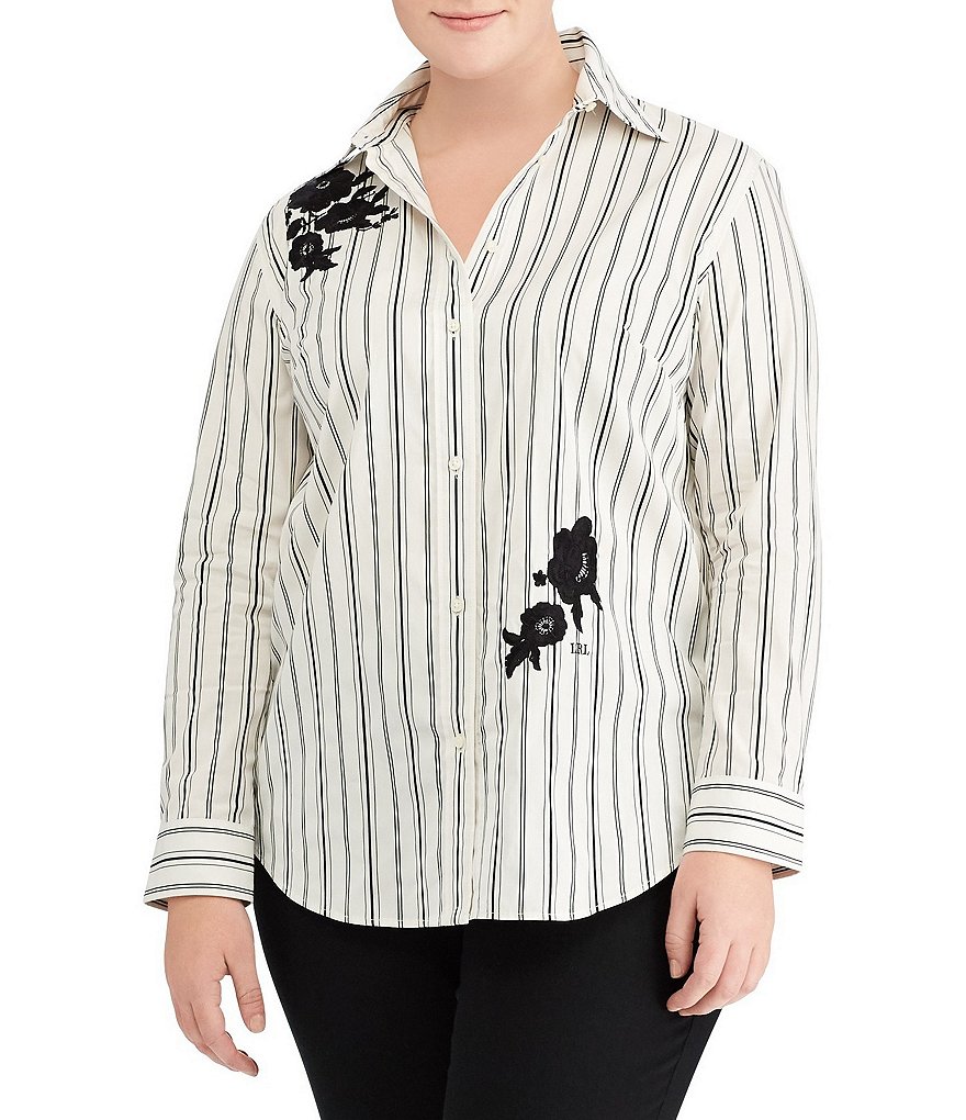 Lauren Ralph Lauren Plus Embroidered Striped Cotton Shirt