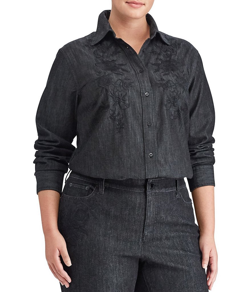 Lauren Ralph Lauren Plus Floral Embroidered Denim Shirt