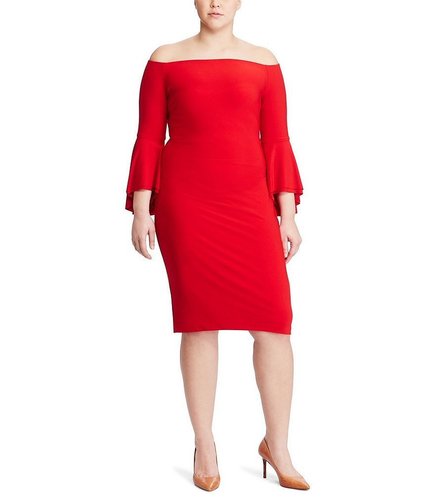 Lauren Ralph Lauren Plus Off-the-Shoulder Bell-Sleeve Sheath Dress