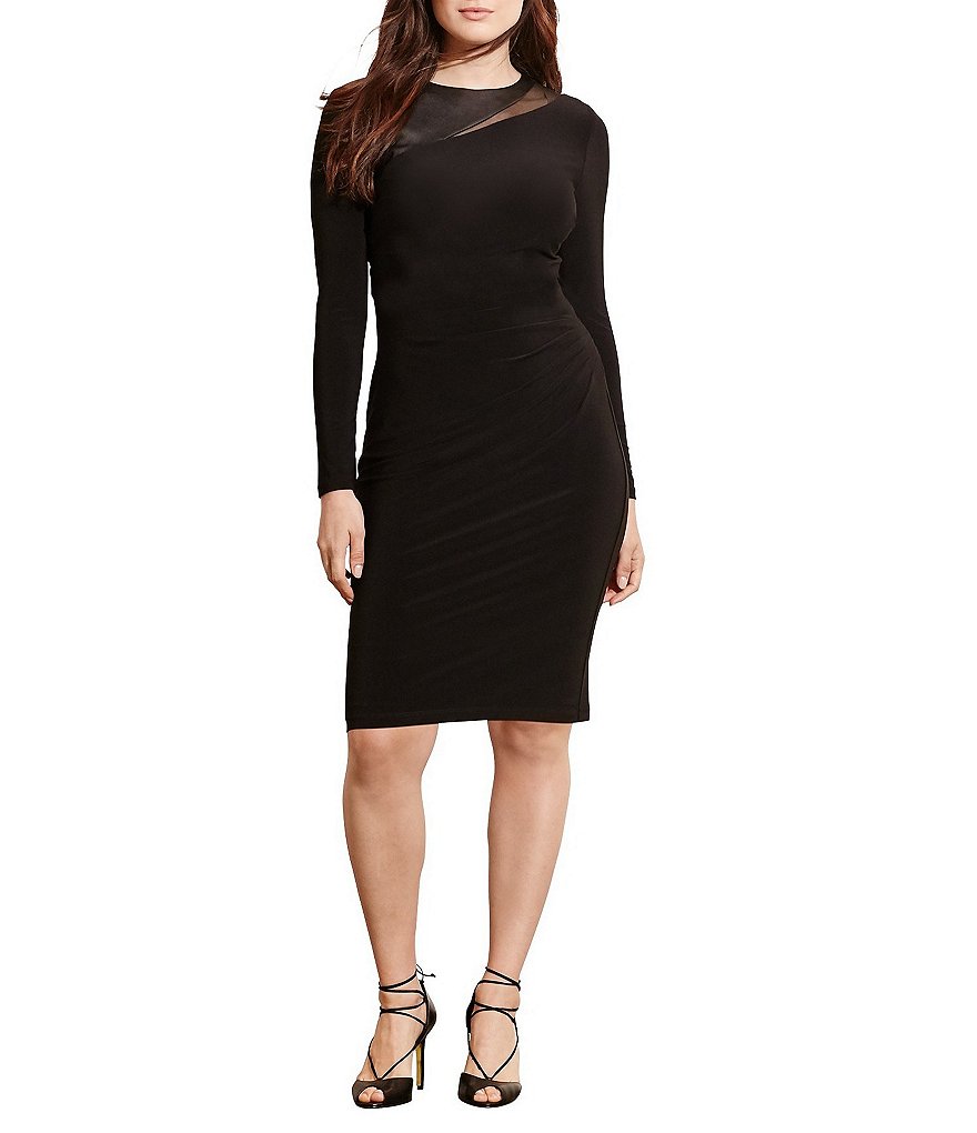 Lauren Ralph Lauren Plus Round Neckline Long Sleeve Mesh-Yoke Jersey Dress