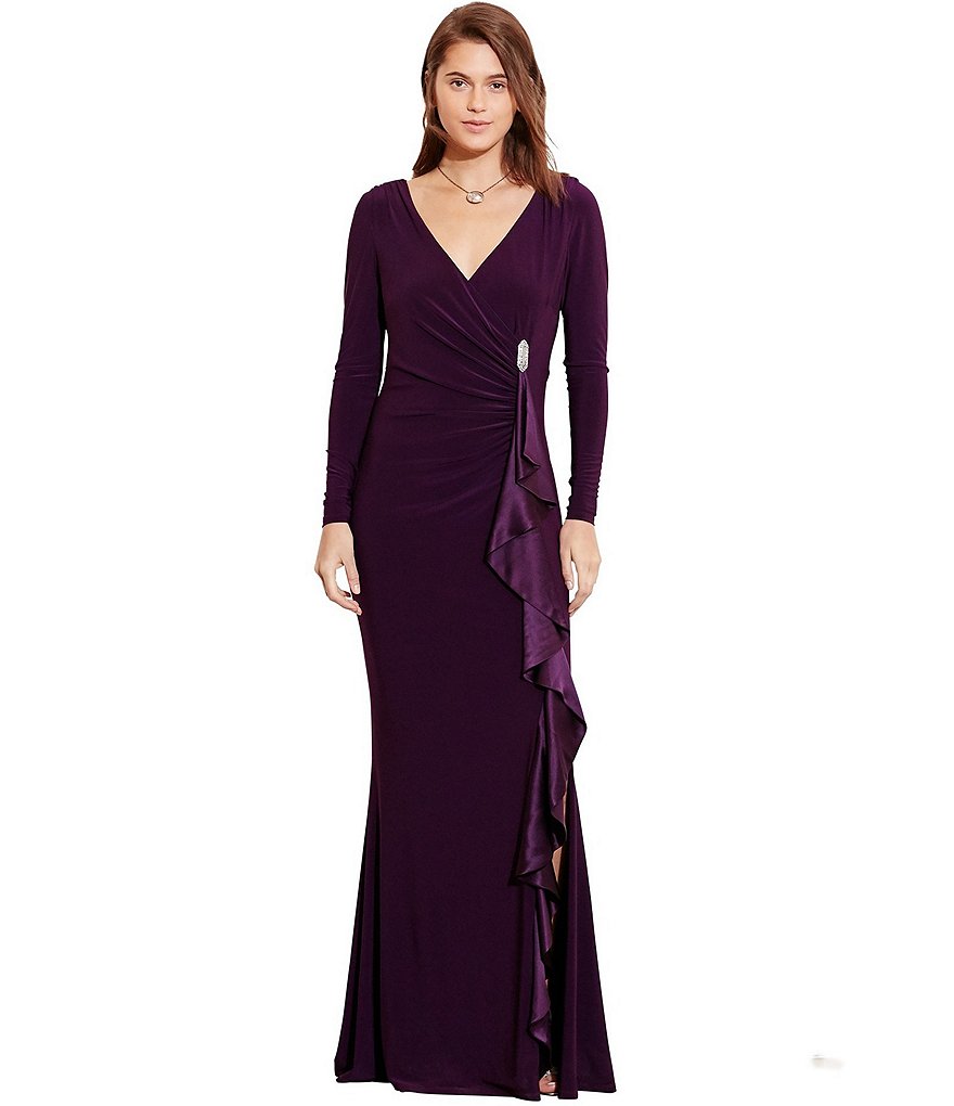 Lauren Ralph Lauren Shirred Long Sleeve Jersey Gown