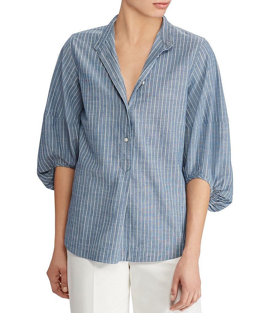 Lauren Ralph Lauren Striped Bishop-Sleeve Broadcloth Novelty Shirting Peasant Blouse