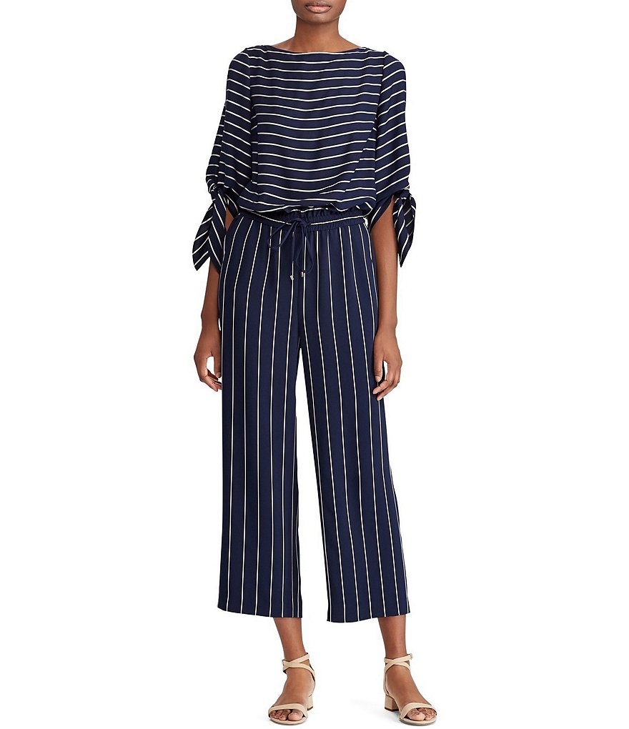 Lauren Ralph Lauren Striped Tie Sleeve Drawstring Waist Satin Culotte Jumpsuit