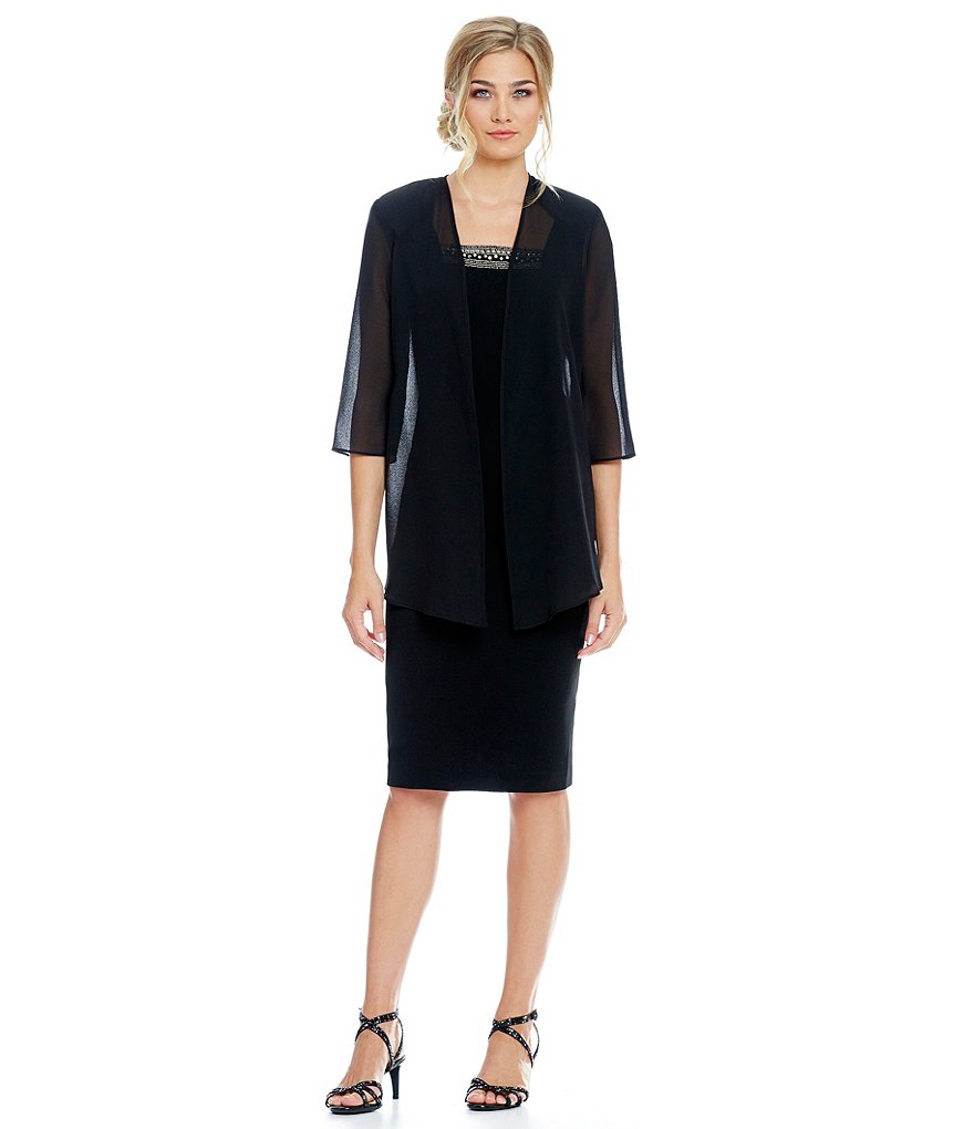 Le Bos Beaded-Neck Chiffon 2-Piece Jacket Dress