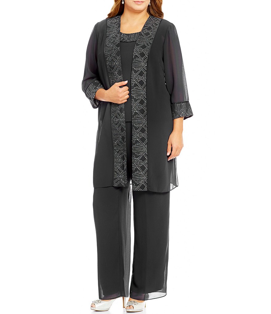 Le Bos Plus 3-Piece Glitter-Trim Chiffon Pant Set