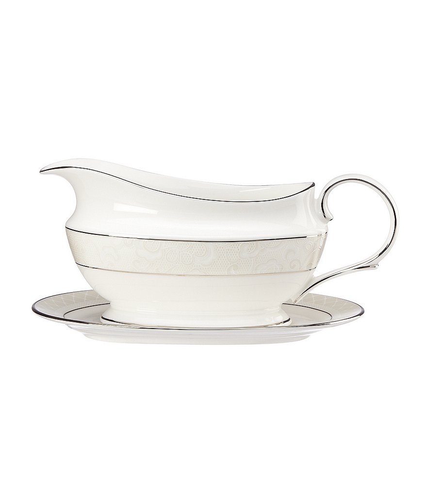 Lenox Venetian Lace Floral Platinum Bone China Gravy Boat with Stand