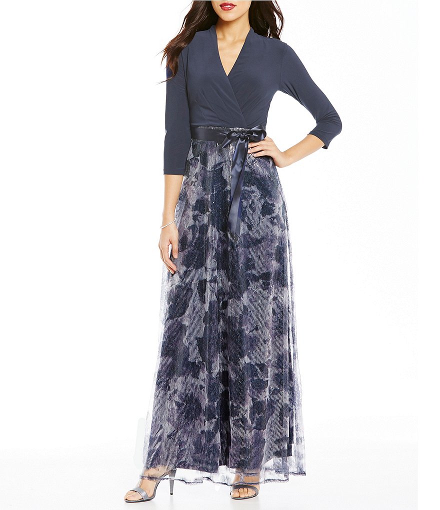 Leslie Fay 3/4 Sleeve Wrap Long Sequin Maxi Dress