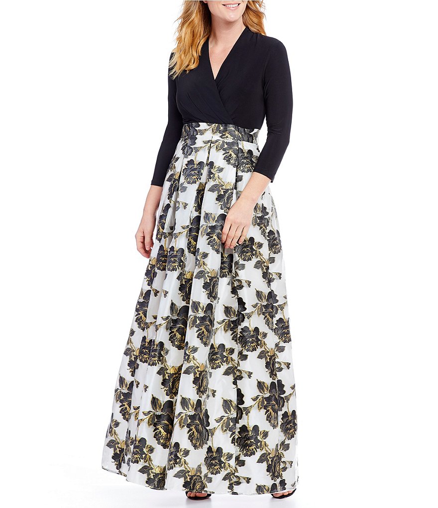 Leslie Fay Faux-Wrap Printed Floral Ballgown