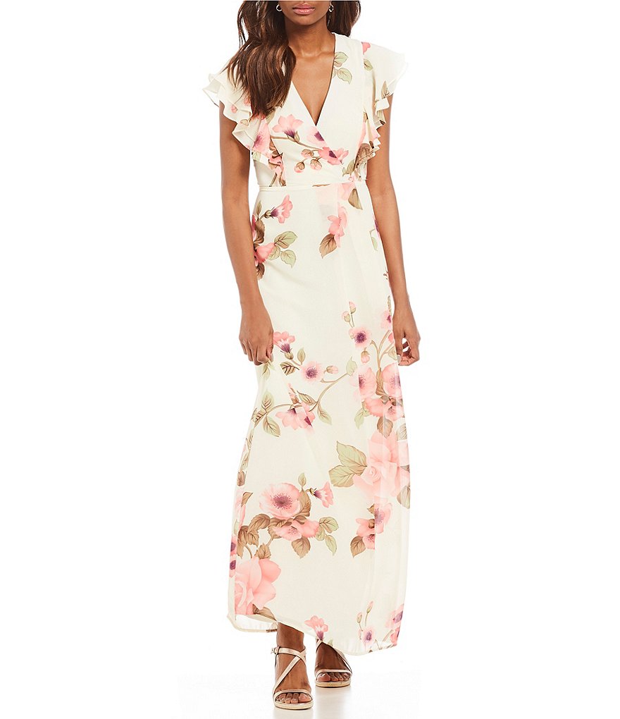 Leslie Fay Flutter Sleeve Floral Print Maxi Dress