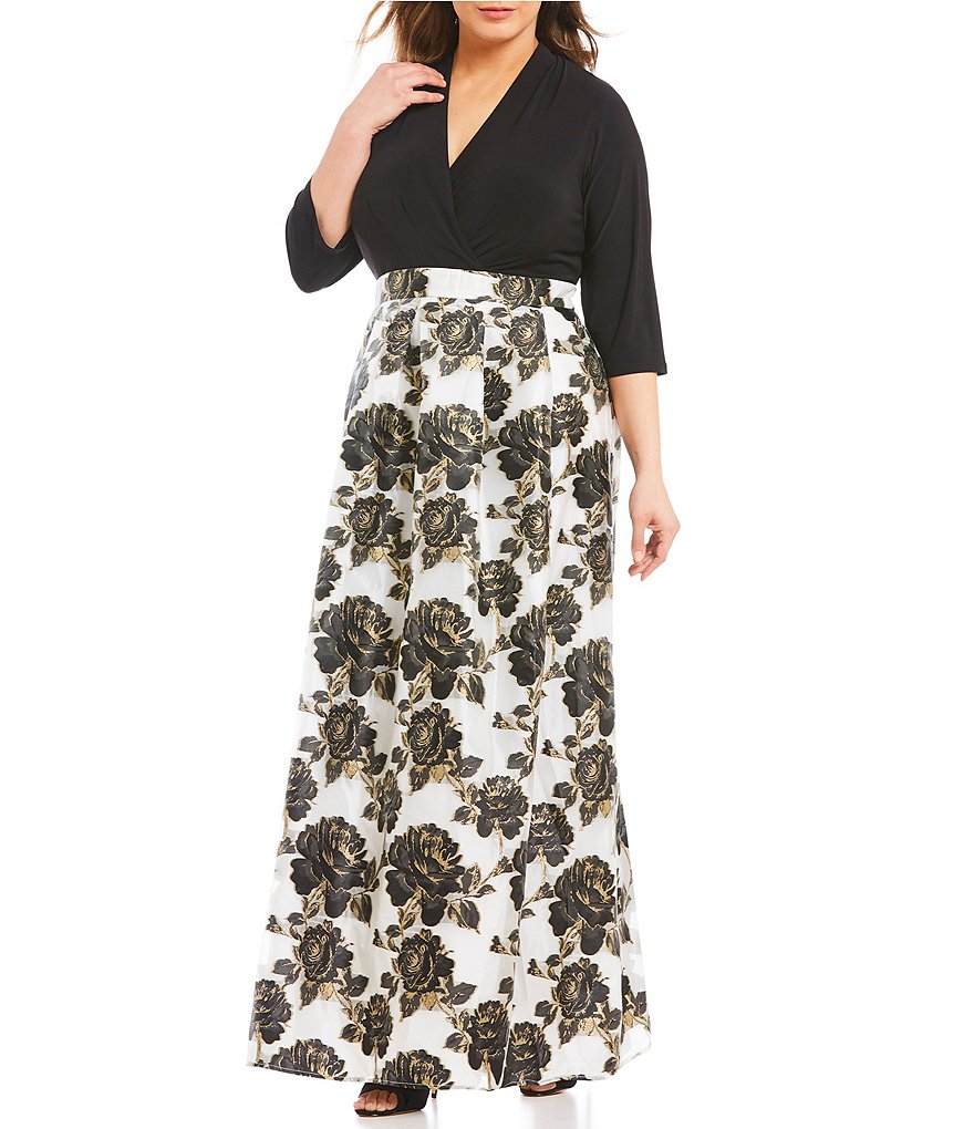 Leslie Fay Plus Faux-Wrap Floral Printed Ballgown