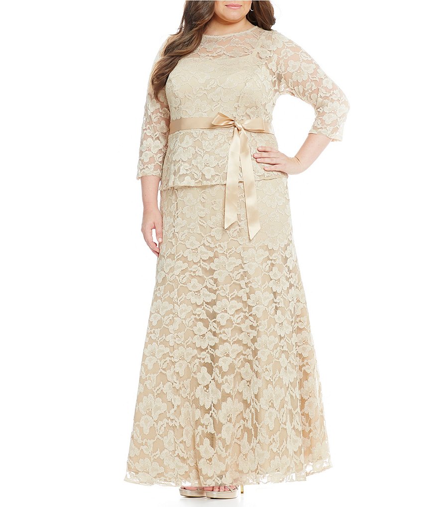 Leslie Fay Plus Long Peplum Lace Dress