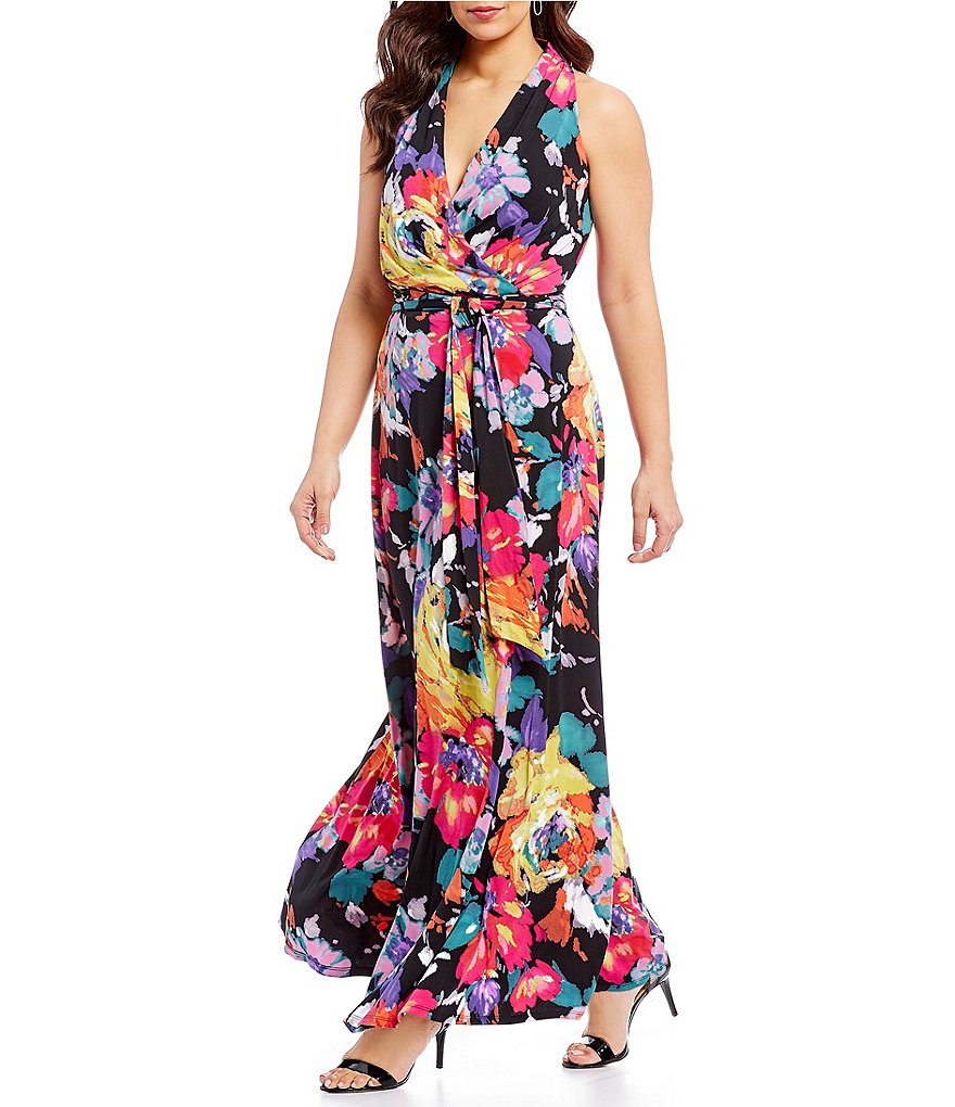 Leslie Fay Plus Printed Surplice Neckline Maxi Dress