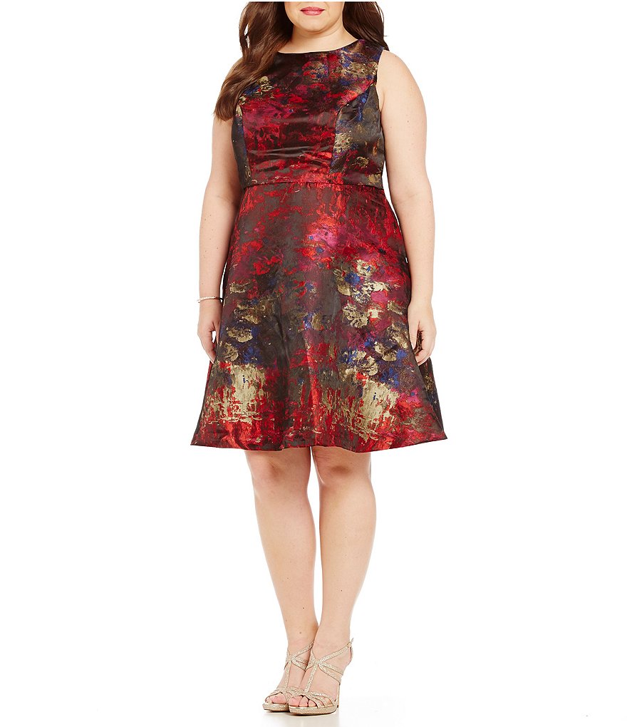 Leslie Fay Plus Sleeveless Printed Jacquard Fit and Flare Dress