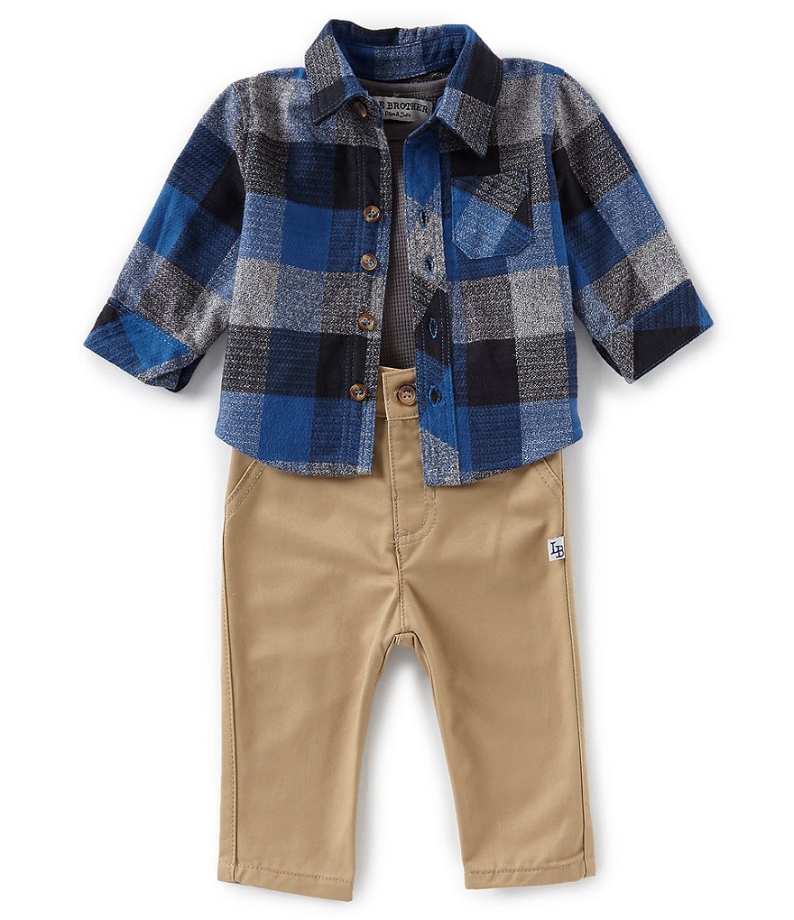 Little Brother Baby Boys Newborn-24 Months Plaid Thermal Shirt & Solid Pants Set