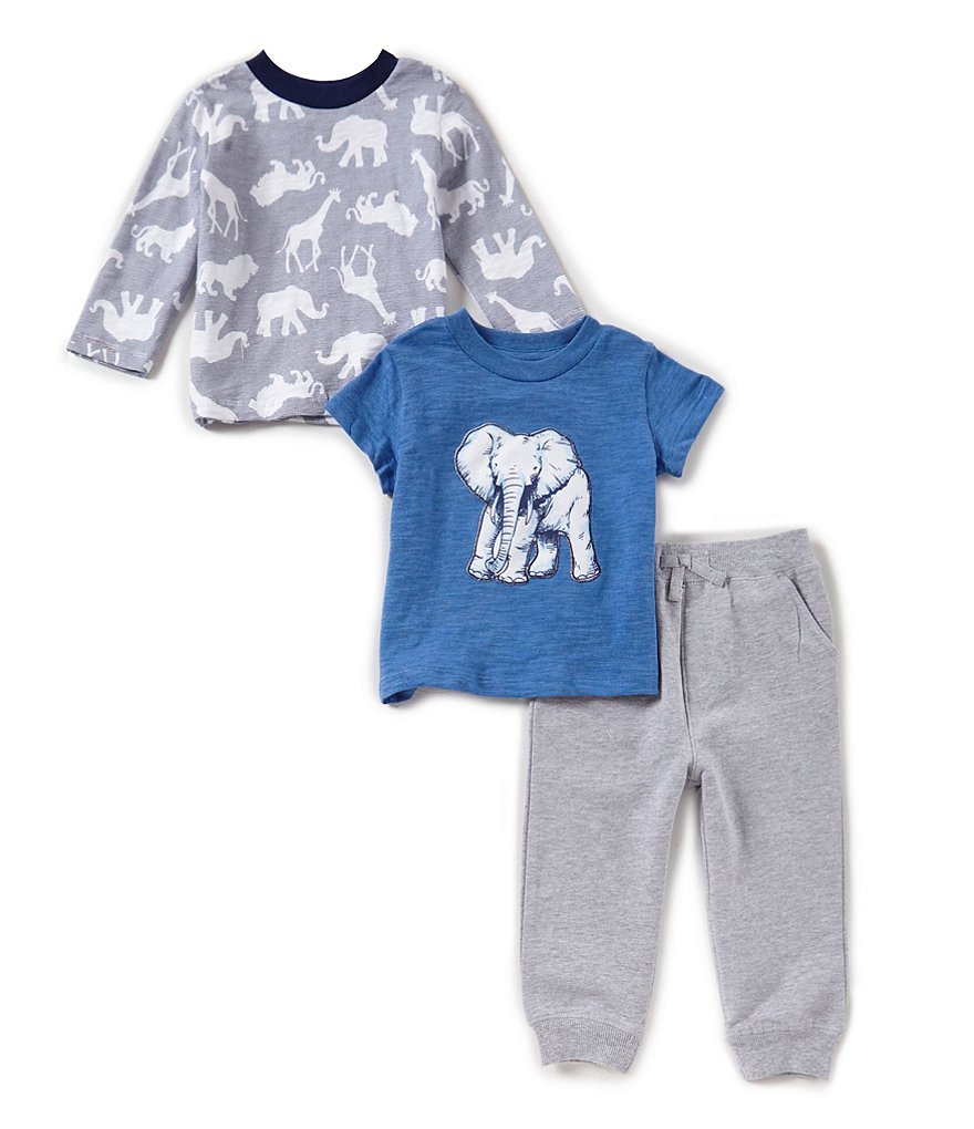 Little Me Baby Boys 12-24 Months Elephant Short-Sleeve Tee, Long-Sleeve Tee, & Pants 3-Piece Set