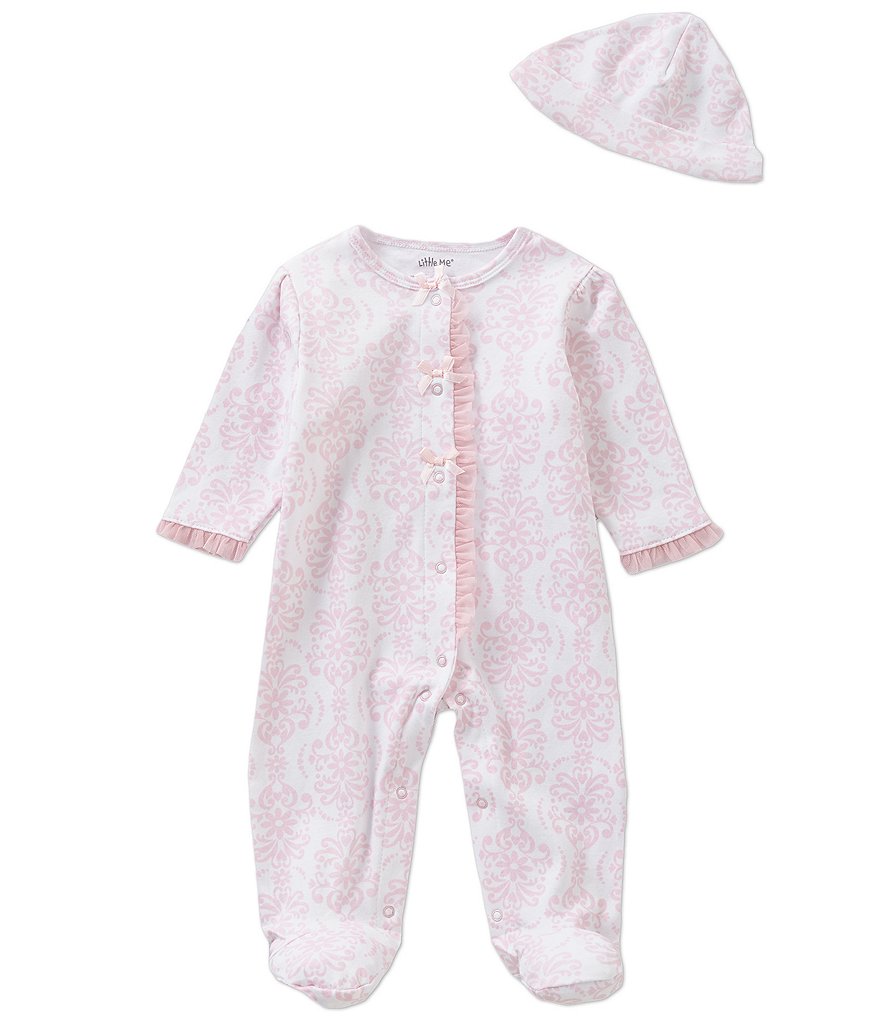 Little Me Preemie-9 Months Damask-Print Footed Coverall & Hat Set