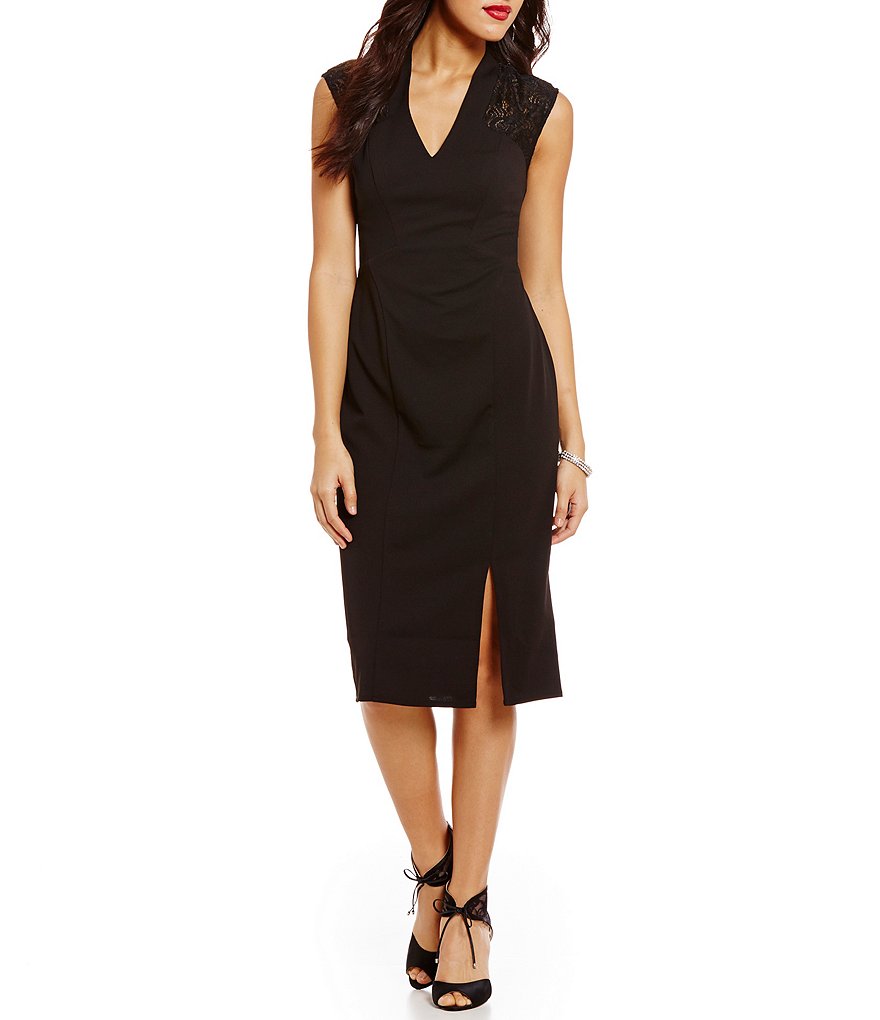 London Times Lace Back Scuba Crepe Midi Dress