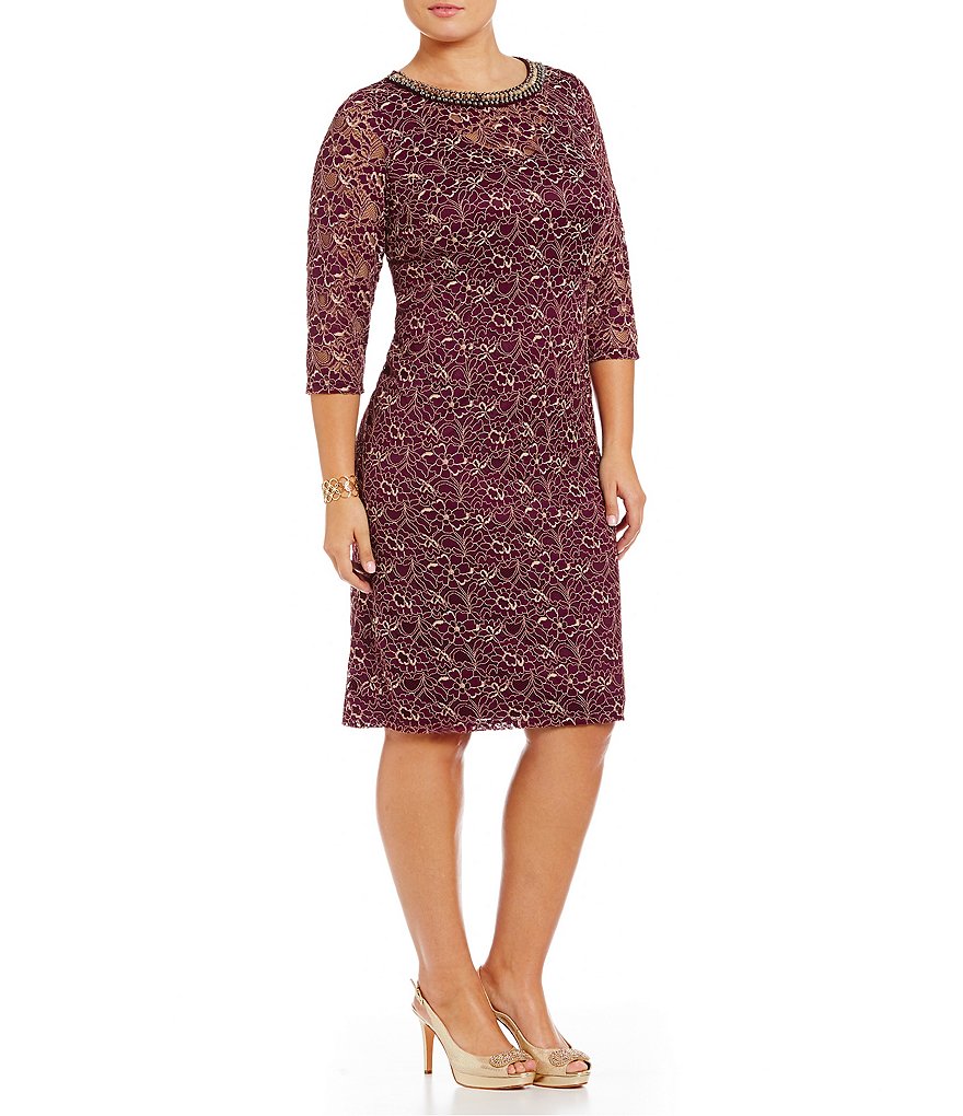 London Times Plus Beaded Neck Lace Sheath Dress