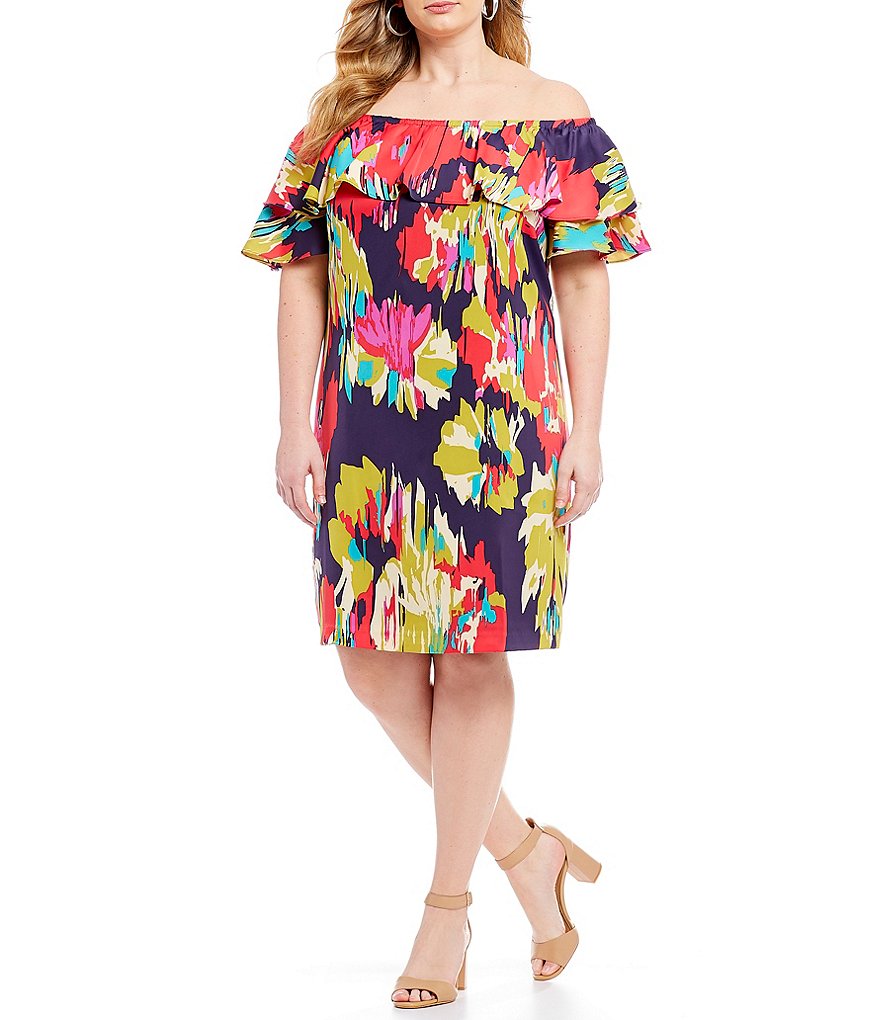 London Times Plus Off The Shoulder Charmuese Ruffle Dress