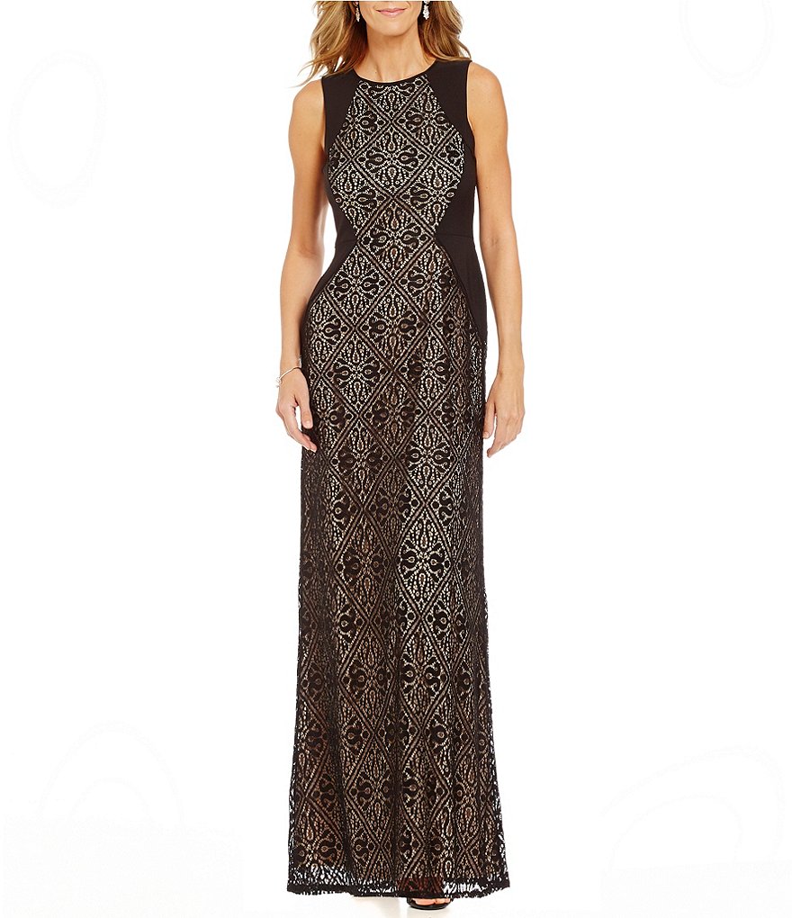 London Times Sleeveless Tile Lace Gown