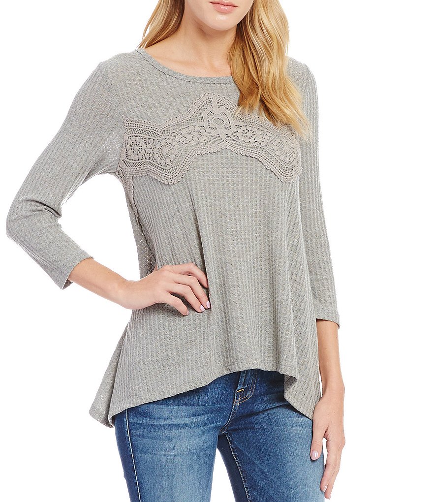 Love On A Hanger Waffle Knit Crochet Lace Sharkbite Top