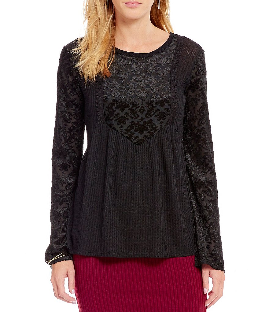 Love On A Hanger Waffle Knit Velvet Inset Top