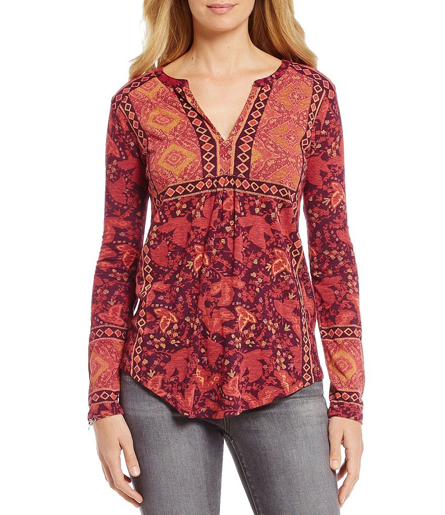Lucky Brand 3/4 Sleeve Border Print Knit Top