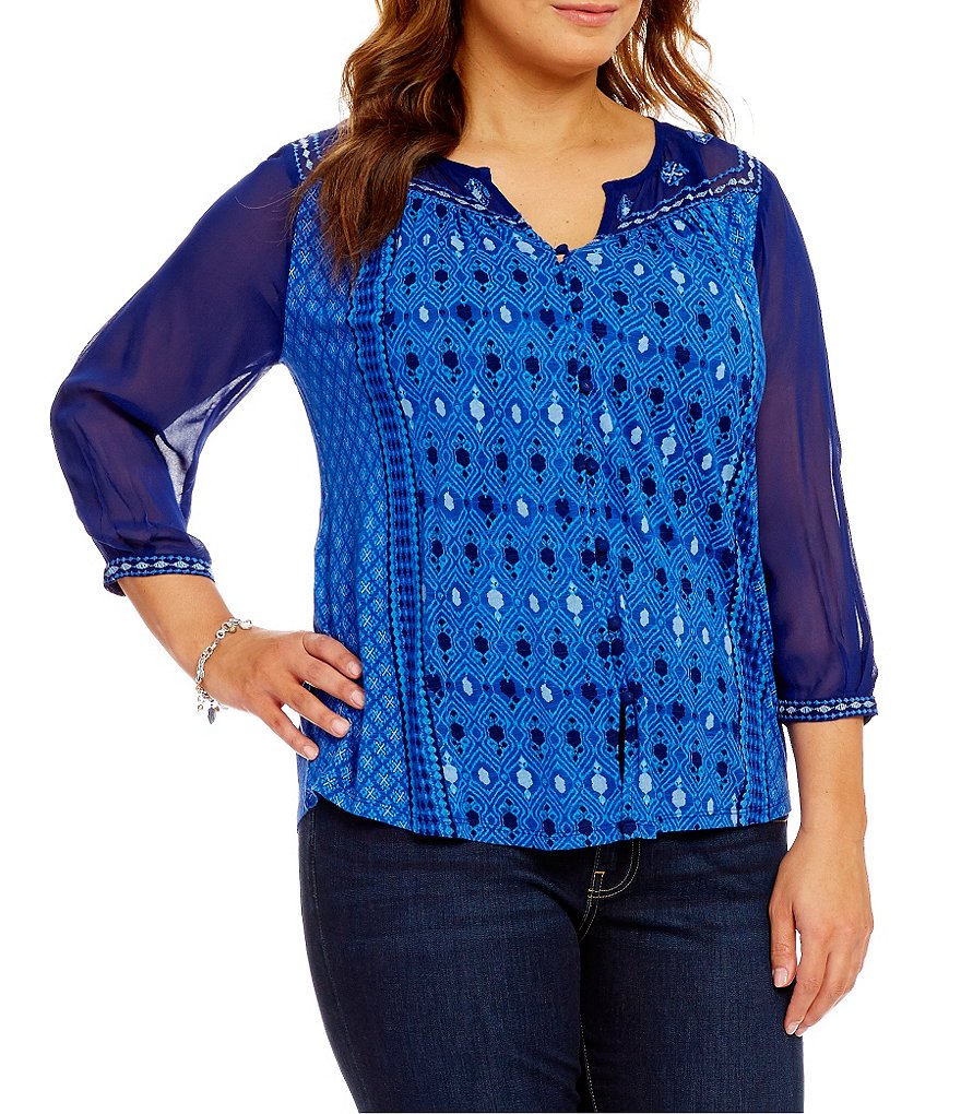 Lucky Brand Plus 3/4 Sleeve Border Print Peasant Top