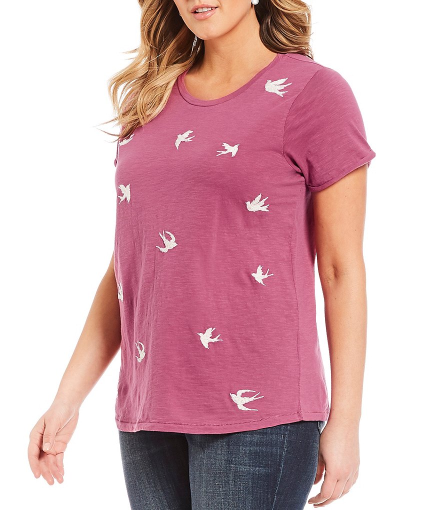 Lucky Brand Plus All Over Embroidered Bird Tee