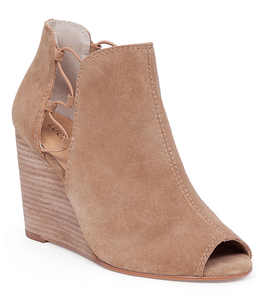 Lucky Brand Reevas Suede Leather Side Cutout Peep-Toe Wedge Booties