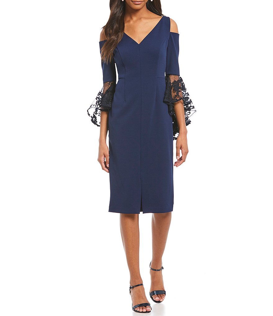 Maggy London Lace Cascade Bell Sleeve Cold Shoulder Sheath Dress