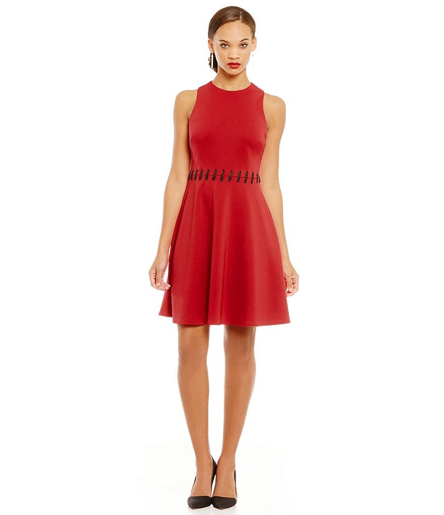 Maggy London Lace Fit and Flare Sleeveless Scuba Dress