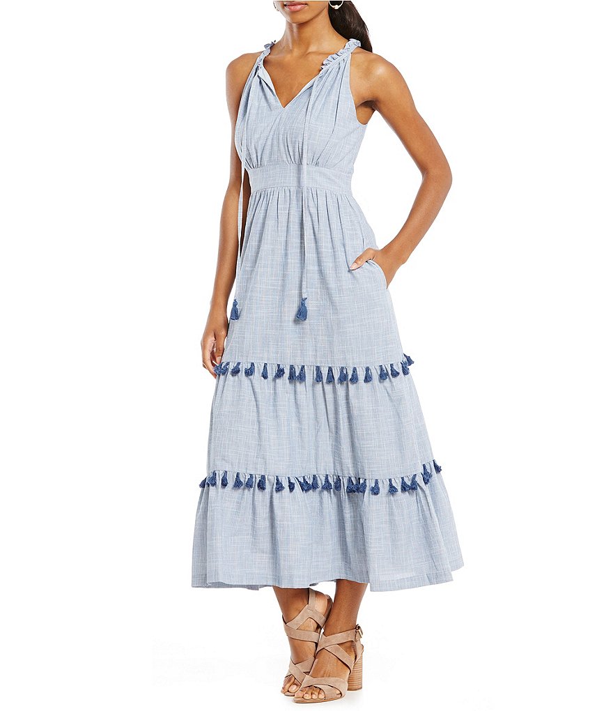 Maggy London Tie Tassel Neck Midi Pom Pom Dress