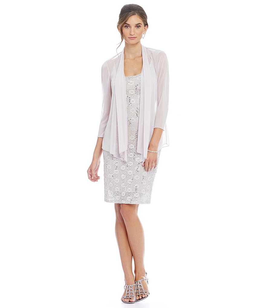Marina Chiffon Mesh 3/4 Sleeve Jacket & Lace Sheath Dress