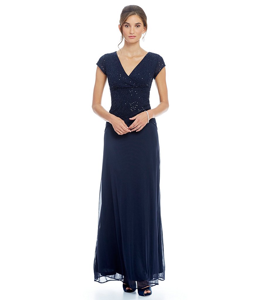 Marina Chiffon Mesh Short Sleeve V-Neck Mock Two-Piece Dress