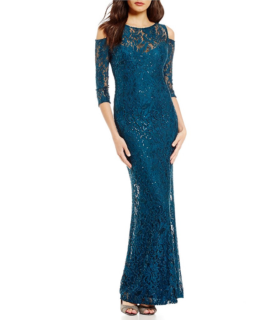 Marina Cold-Shoulder Sequined Lace Gown