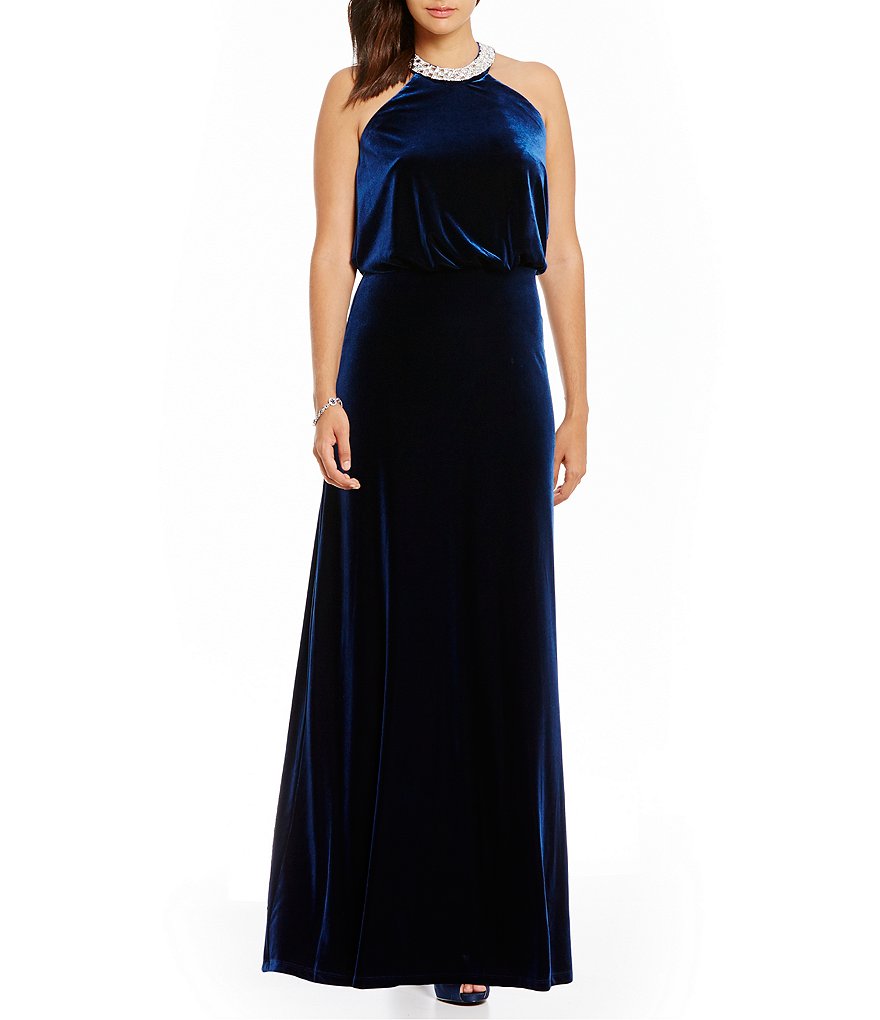 Marina Halter-Neck Velvet Popover Halter Gown