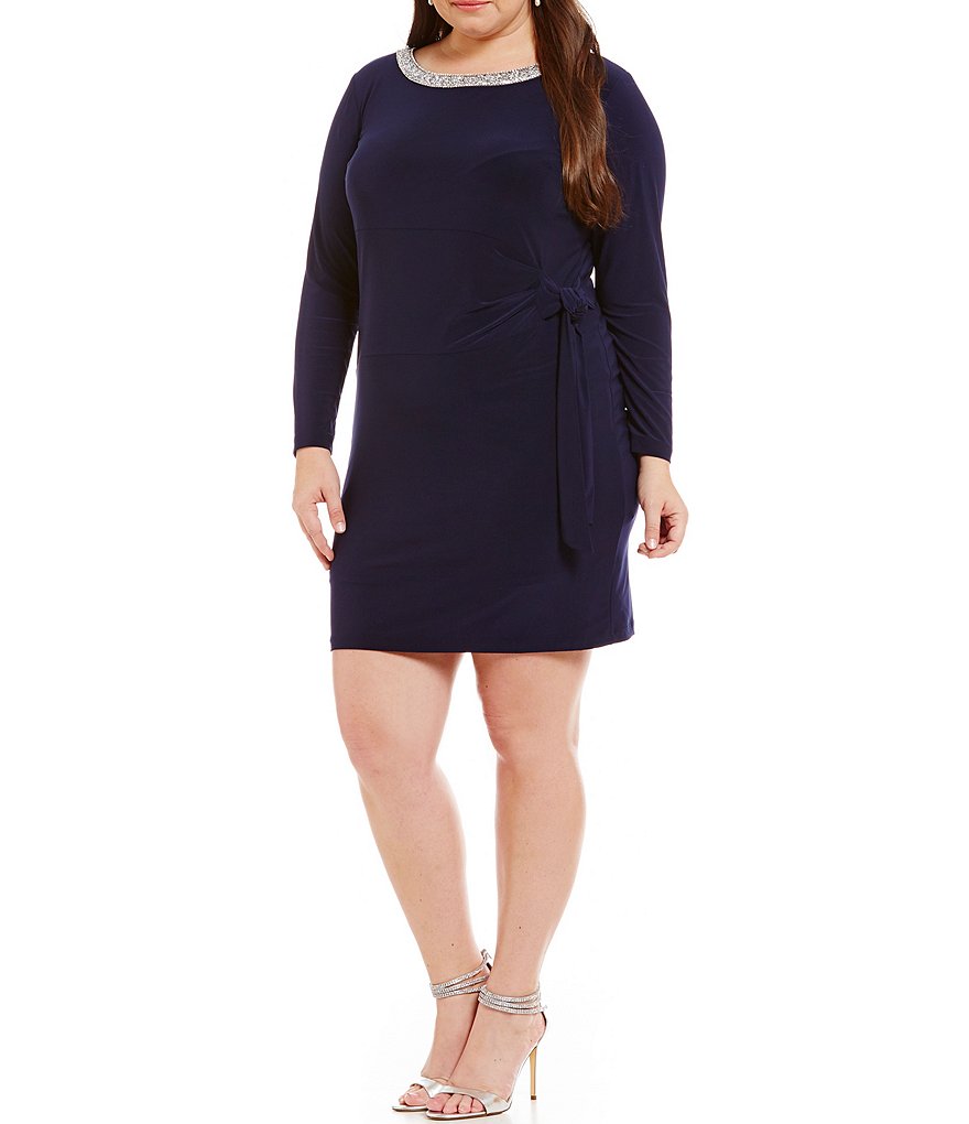 Marina Plus Beaded-Neck Long Sleeve Waist-Tie Sheath Dress
