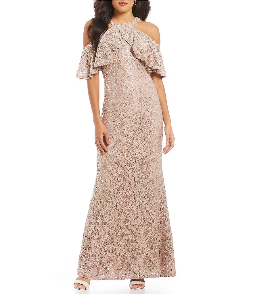 Marina Ruffled Halter-Neck Sequin Lace Gown