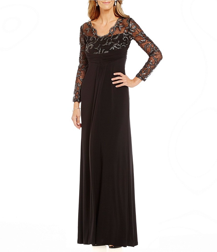 Marina V-Neck Illusion Sleeve Ruched Front Gown
