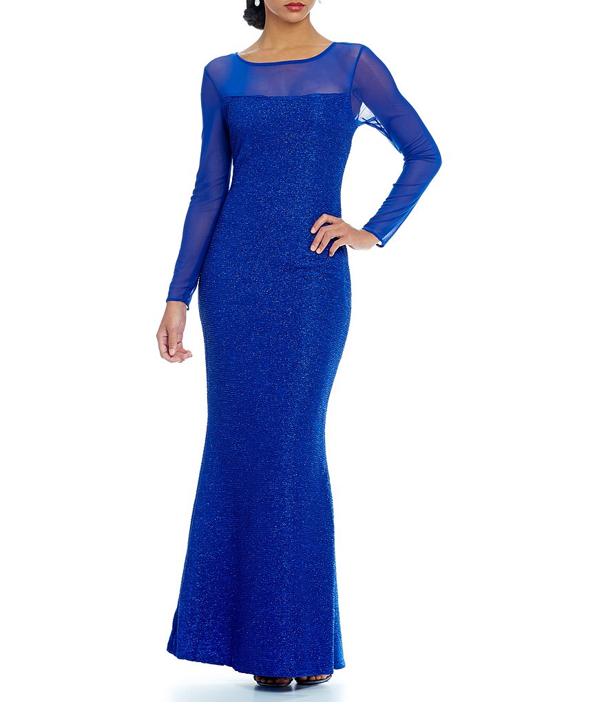 Marina Wavy Metallic Knit Sheer Sleeve Dress