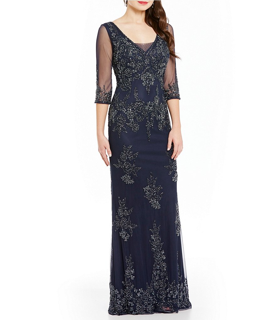 MGNY Madeline Gardner New York 3/4 Sleeve Beaded Gown